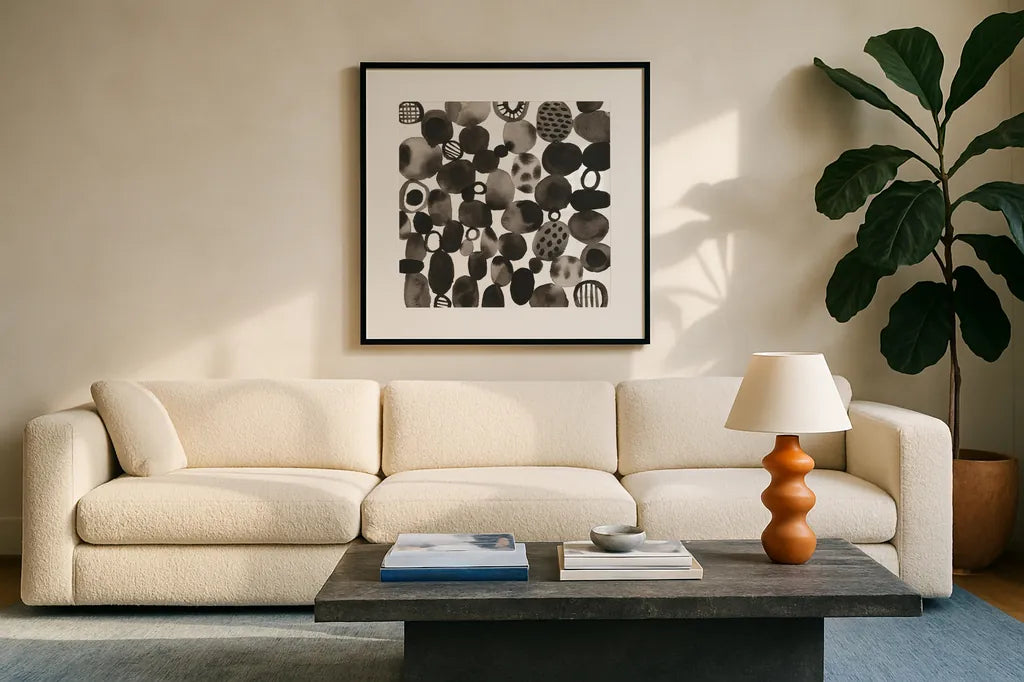 Quirky III by Cheryl Warrick. Displayed in a glass frame with matte in a clean modern living room. Available as an archival giclee rolled canvas, fine art paper, or poster print. SKU 86958a.