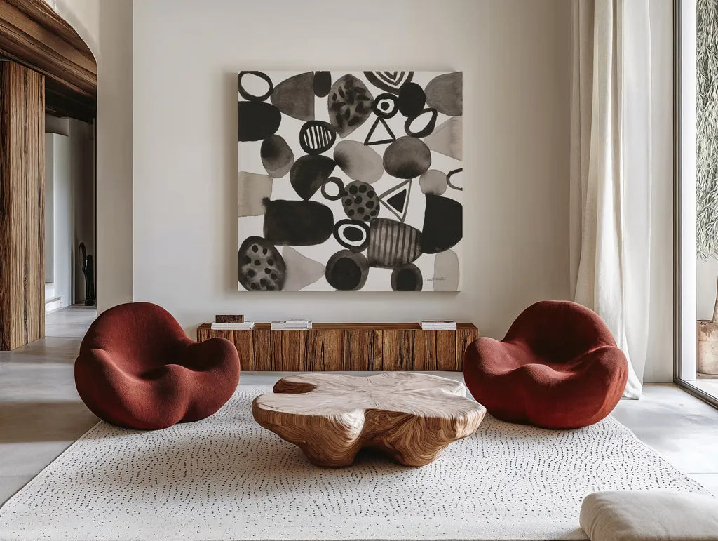 Quirky IV by Cheryl Warrick. Shown as extra-large giant wall art in a modern living room. Available as an archival giclee rolled canvas, fine art paper, or poster print. SKU 86959a.