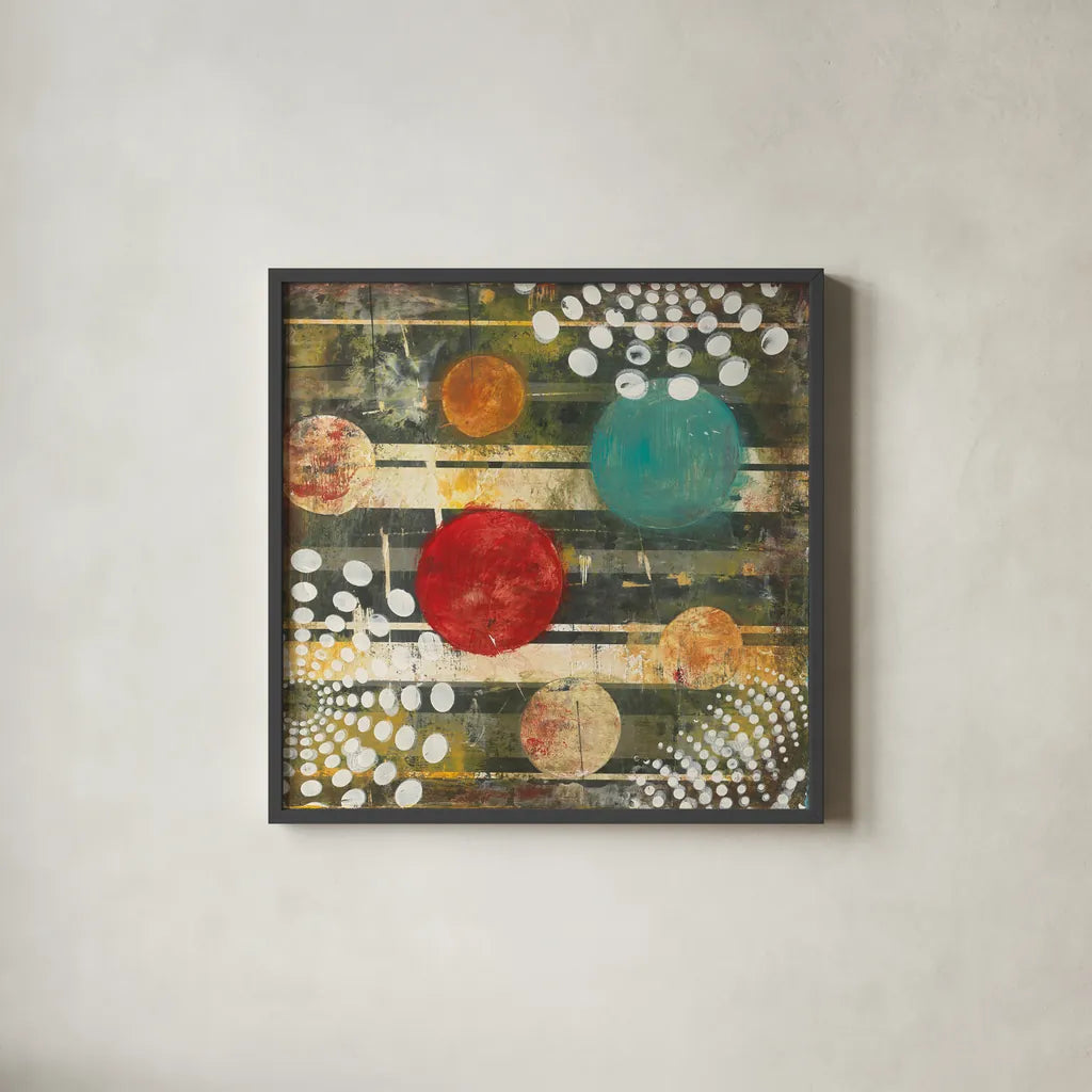 Recap I Abstract by Cheryl Warrick. Shown in a sleek black glass frame for a contemporary gallery look. Available as an archival giclee rolled canvas, fine art paper, or poster print. SKU 36545a.