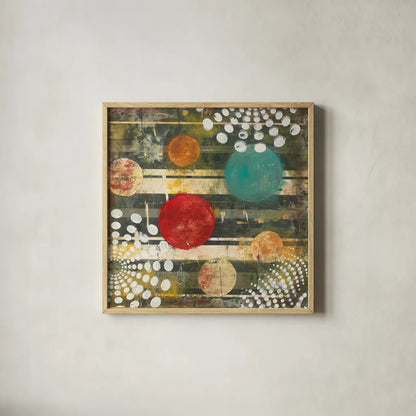 Recap I Abstract by Cheryl Warrick. Shown in a natural wood glass frame for a timeless modern aesthetic. Available as an archival giclee rolled canvas, fine art paper, or poster print. SKU 36545a.