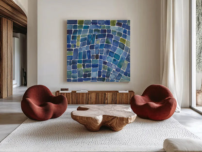Sea Glass I by Cheryl Warrick. Shown as extra-large giant wall art in a modern living room. Available as an archival giclee rolled canvas, fine art paper, or poster print. SKU 84791a.