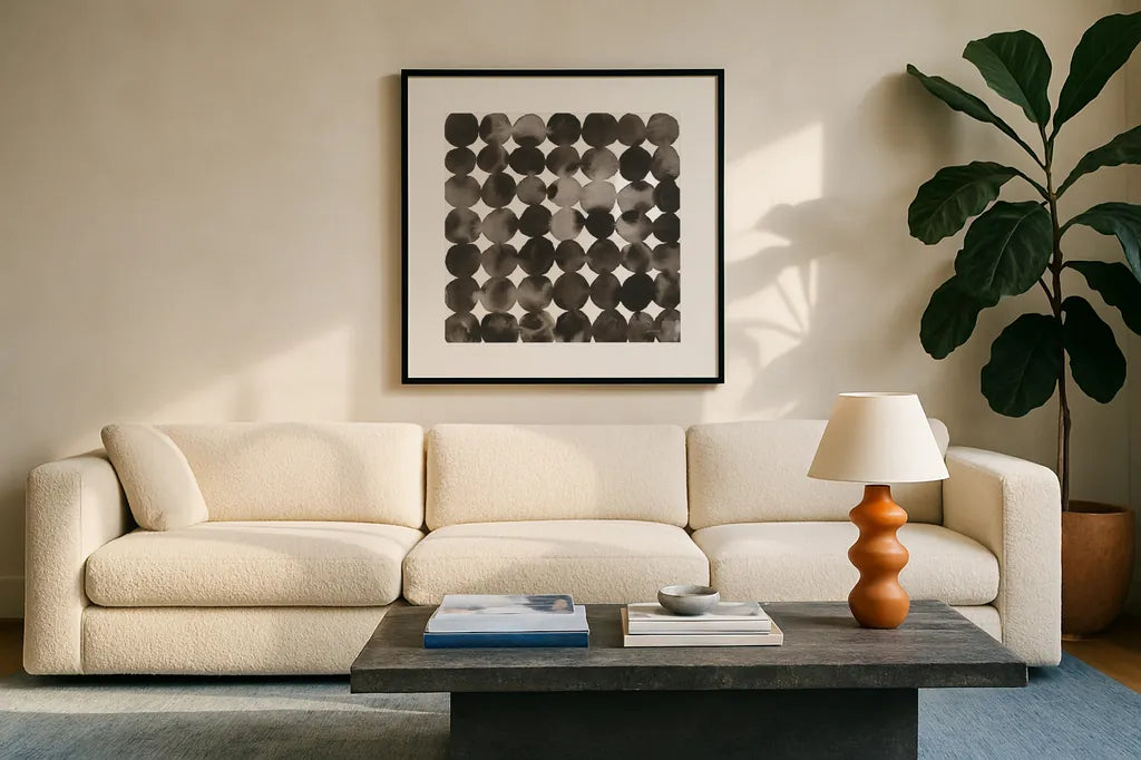 Seeing Spots I by Cheryl Warrick. Displayed in a glass frame with matte in a clean modern living room. Available as an archival giclee rolled canvas, fine art paper, or poster print. SKU 86960a.