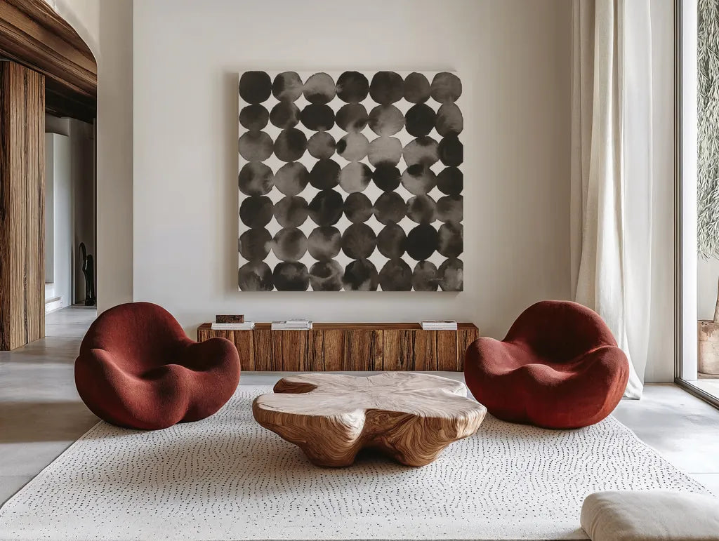 Seeing Spots I by Cheryl Warrick. Shown as extra-large giant wall art in a modern living room. Available as an archival giclee rolled canvas, fine art paper, or poster print. SKU 86960a.