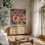 Serene Garden II by Cheryl Warrick. Shown in a natural wood frame in a cozy modern living room. Available as an archival giclee rolled canvas, fine art paper, or poster print. SKU 103268a.