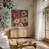 Serene Garden III by Cheryl Warrick. Shown in a natural wood frame in a cozy modern living room. Available as an archival giclee rolled canvas, fine art paper, or poster print. SKU 103269a.