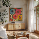 Serene Garden IV by Cheryl Warrick. Shown in a natural wood frame in a cozy modern living room. Available as an archival giclee rolled canvas, fine art paper, or poster print. SKU 103270a.