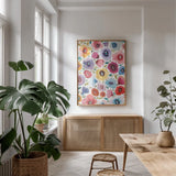 Spring Joy II by Cheryl Warrick. shown as a print in a natural wood frame in a dining room. Available as a archival giclee rolled canvas, fine art paper, or poster print. SKU 86973h.