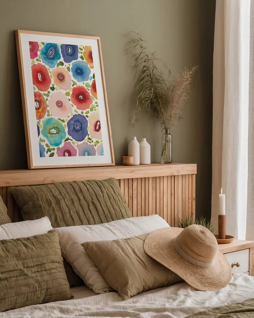 Spring Joy III by Cheryl Warrick. shown as a paper print in a natural frame. Available as a archival giclee rolled canvas, fine art paper, or poster print. SKU 86974h.