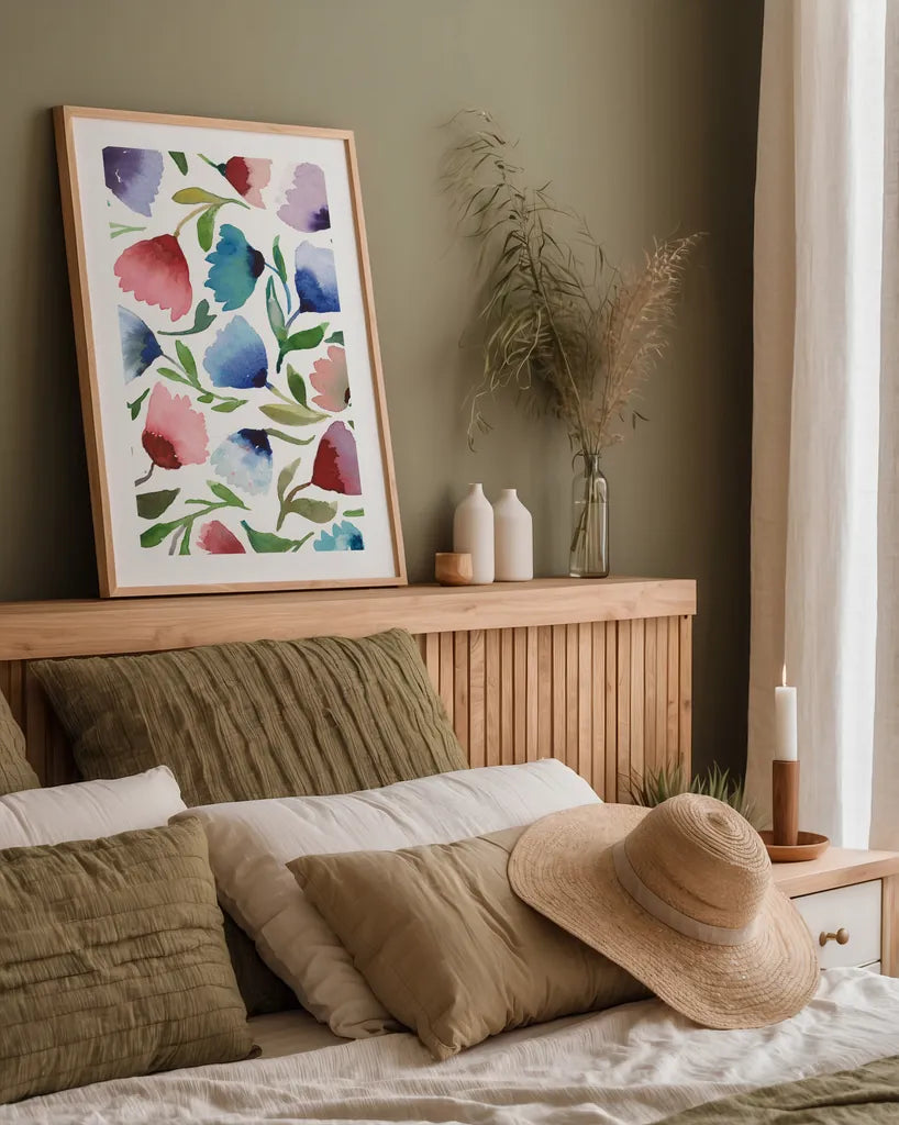 Spring Joy IV by Cheryl Warrick. shown as a paper print in a natural frame. Available as a archival giclee rolled canvas, fine art paper, or poster print. SKU 86975h.