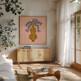 Still Blooms IV by Cheryl Warrick. Shown in a natural wood frame in a cozy modern living room. Available as an archival giclee rolled canvas, fine art paper, or poster print. SKU 103993a.