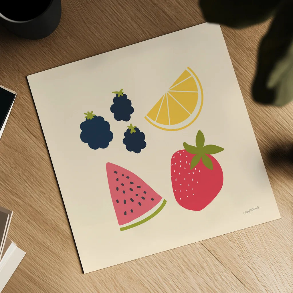 Summer Fruits I by Cheryl Warrick. Shown as a detailed flat fine art print, highlighting archival giclee quality. Available as an archival giclee rolled canvas, fine art paper, or poster print. SKU 83597a.