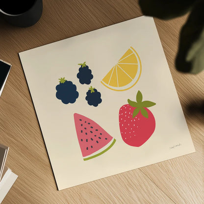 Summer Fruits I by Cheryl Warrick. Shown as a detailed flat fine art print, highlighting archival giclee quality. Available as an archival giclee rolled canvas, fine art paper, or poster print. SKU 83597a.