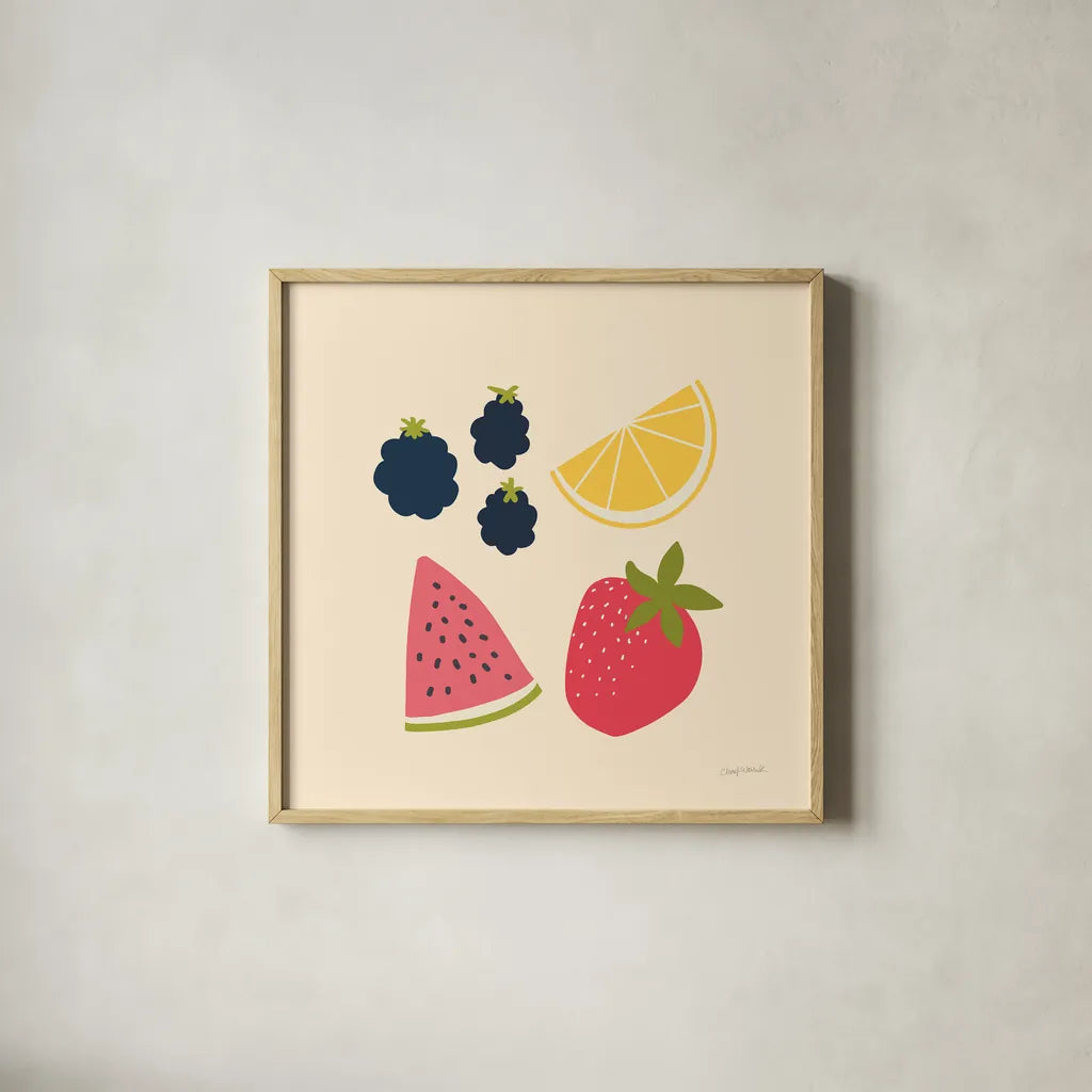Summer Fruits I by Cheryl Warrick. Shown in a natural wood glass frame for a timeless modern aesthetic. Available as an archival giclee rolled canvas, fine art paper, or poster print. SKU 83597a.