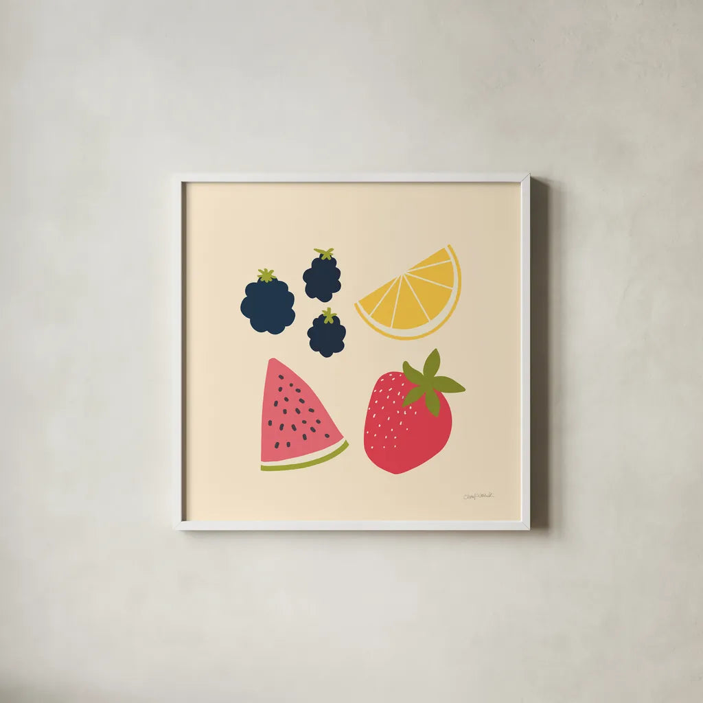 Summer Fruits I by Cheryl Warrick. Shown in a crisp white glass frame for a clean and minimalist style. Available as an archival giclee rolled canvas, fine art paper, or poster print. SKU 83597a.