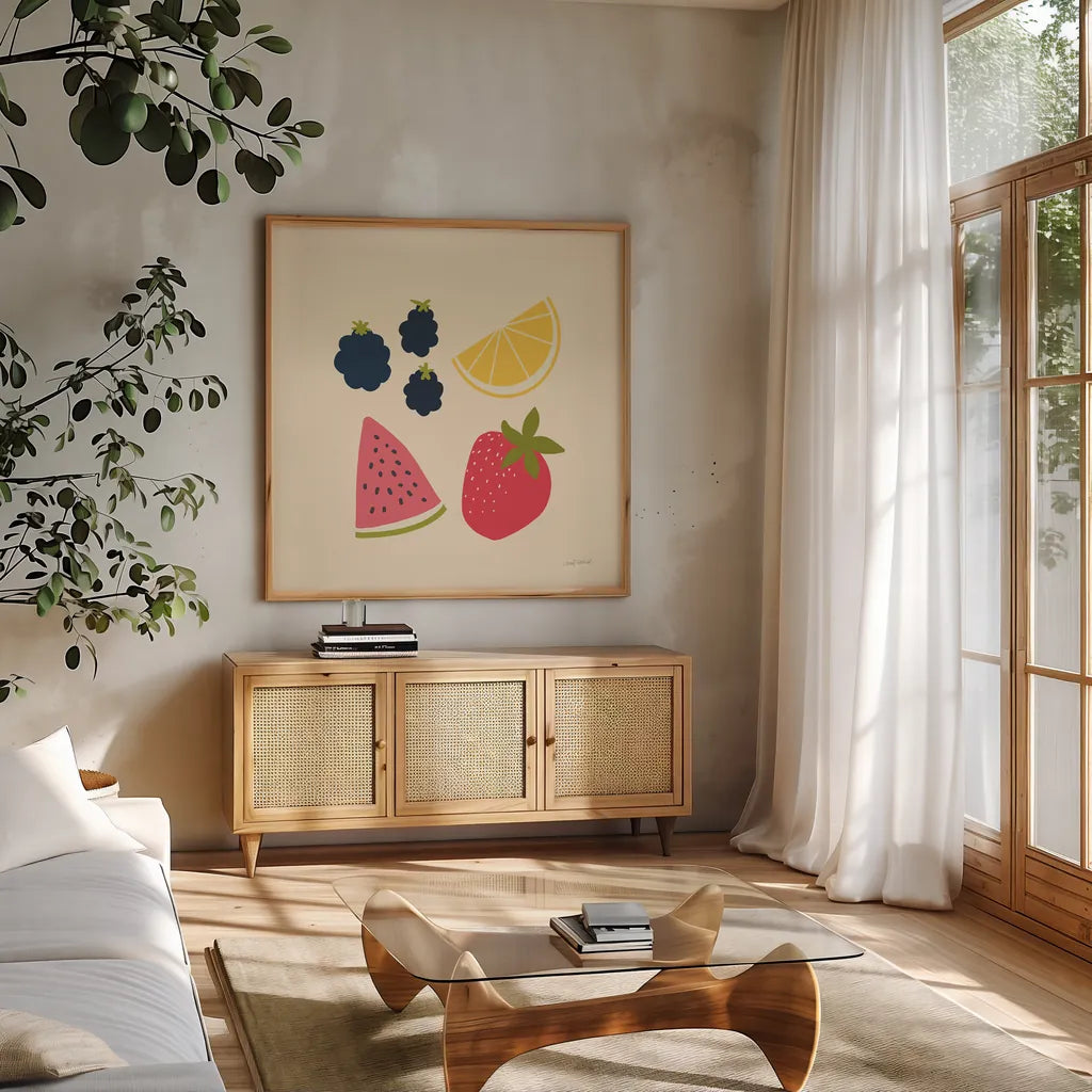 Summer Fruits I by Cheryl Warrick. Shown in a natural wood frame in a cozy modern living room. Available as an archival giclee rolled canvas, fine art paper, or poster print. SKU 83597a.