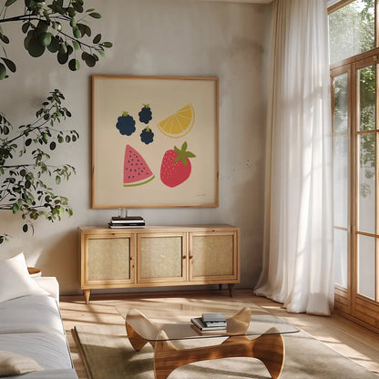 Summer Fruits I by Cheryl Warrick. Shown in a natural wood frame in a cozy modern living room. Available as an archival giclee rolled canvas, fine art paper, or poster print. SKU 83597a.