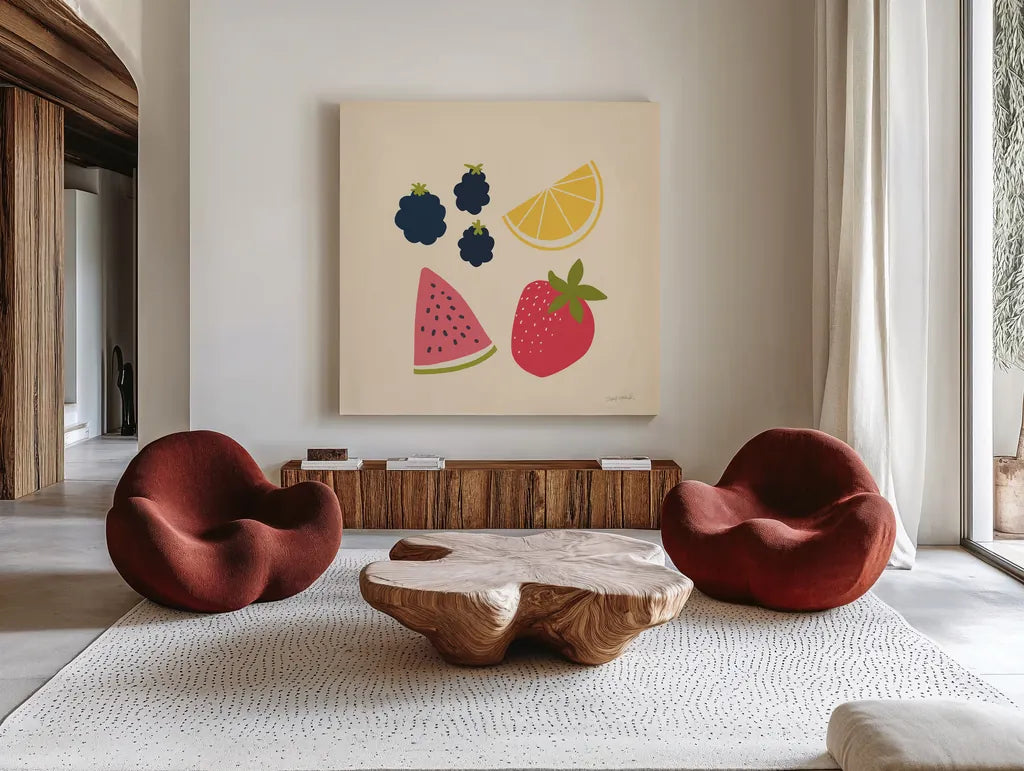 Summer Fruits I by Cheryl Warrick. Shown as extra-large giant wall art in a modern living room. Available as an archival giclee rolled canvas, fine art paper, or poster print. SKU 83597a.