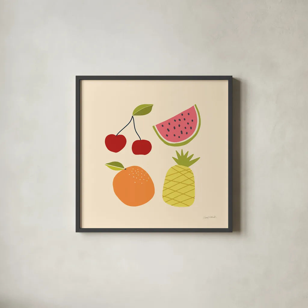 Summer Fruits II by Cheryl Warrick. Shown in a sleek black glass frame for a contemporary gallery look. Available as an archival giclee rolled canvas, fine art paper, or poster print. SKU 83598a.