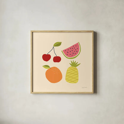 Summer Fruits II by Cheryl Warrick. Shown in a natural wood glass frame for a timeless modern aesthetic. Available as an archival giclee rolled canvas, fine art paper, or poster print. SKU 83598a.