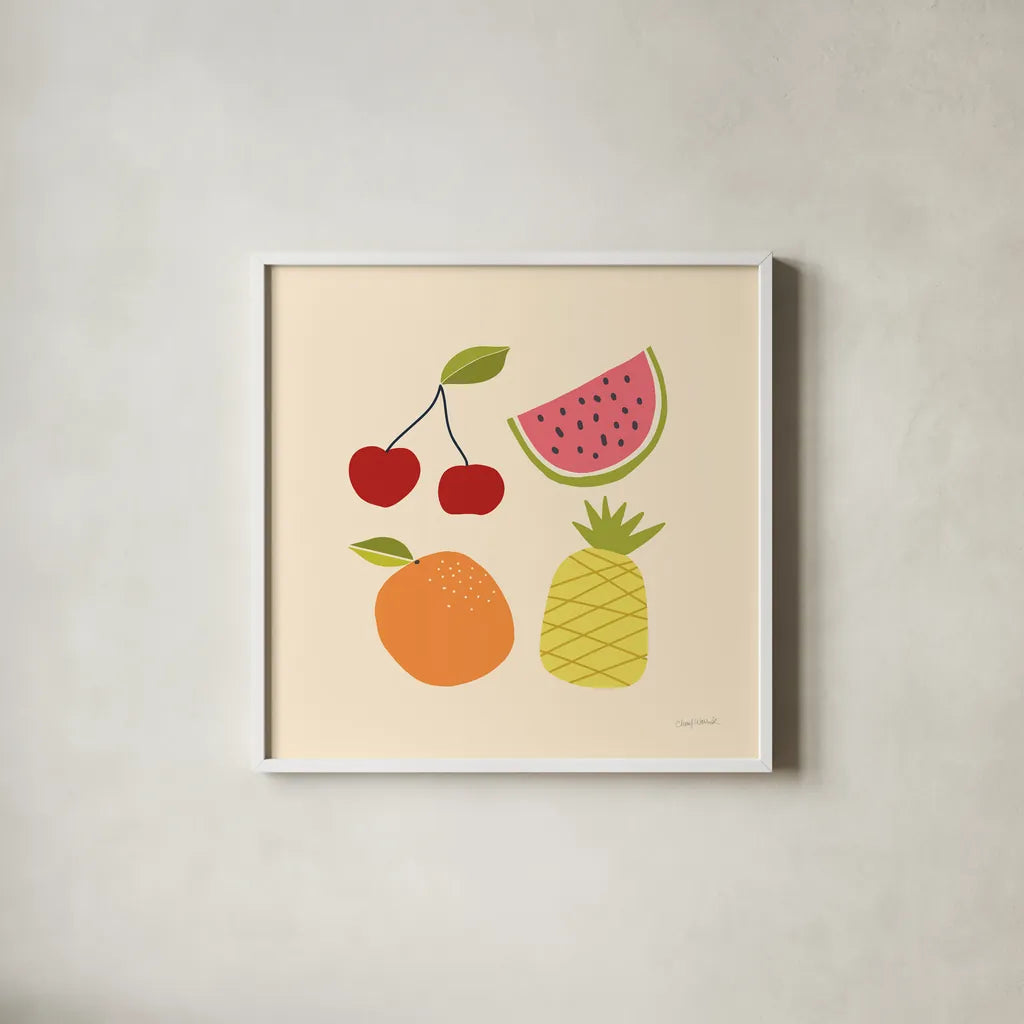 Summer Fruits II by Cheryl Warrick. Shown in a crisp white glass frame for a clean and minimalist style. Available as an archival giclee rolled canvas, fine art paper, or poster print. SKU 83598a.