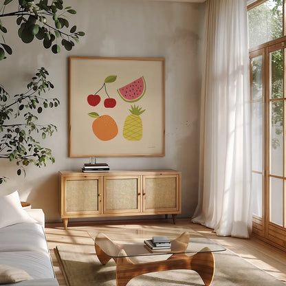 Summer Fruits II by Cheryl Warrick. Shown in a natural wood frame in a cozy modern living room. Available as an archival giclee rolled canvas, fine art paper, or poster print. SKU 83598a.