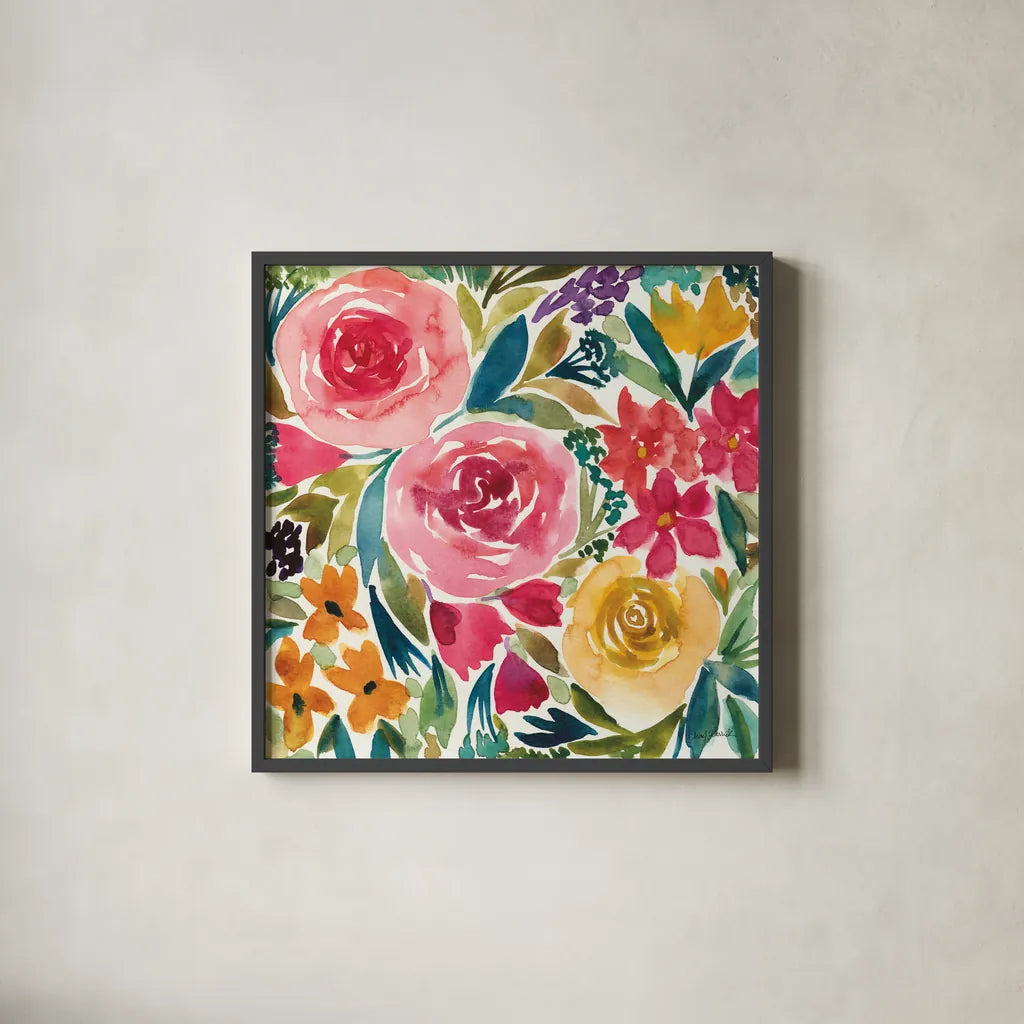 Summer Petals I by Cheryl Warrick. Shown in a sleek black glass frame for a contemporary gallery look. Available as an archival giclee rolled canvas, fine art paper, or poster print. SKU 78388a.