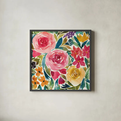 Summer Petals I by Cheryl Warrick. Shown in a sleek black glass frame for a contemporary gallery look. Available as an archival giclee rolled canvas, fine art paper, or poster print. SKU 78388a.