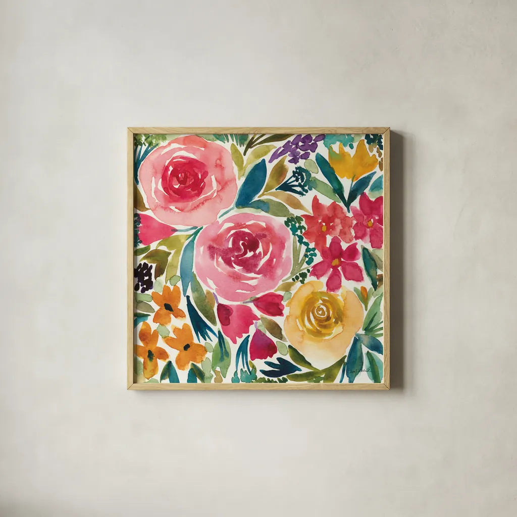 Summer Petals I by Cheryl Warrick. Shown in a natural wood glass frame for a timeless modern aesthetic. Available as an archival giclee rolled canvas, fine art paper, or poster print. SKU 78388a.