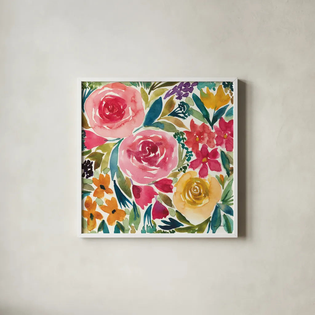 Summer Petals I by Cheryl Warrick. Shown in a crisp white glass frame for a clean and minimalist style. Available as an archival giclee rolled canvas, fine art paper, or poster print. SKU 78388a.