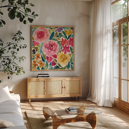 Summer Petals I by Cheryl Warrick. Shown in a natural wood frame in a cozy modern living room. Available as an archival giclee rolled canvas, fine art paper, or poster print. SKU 78388a.