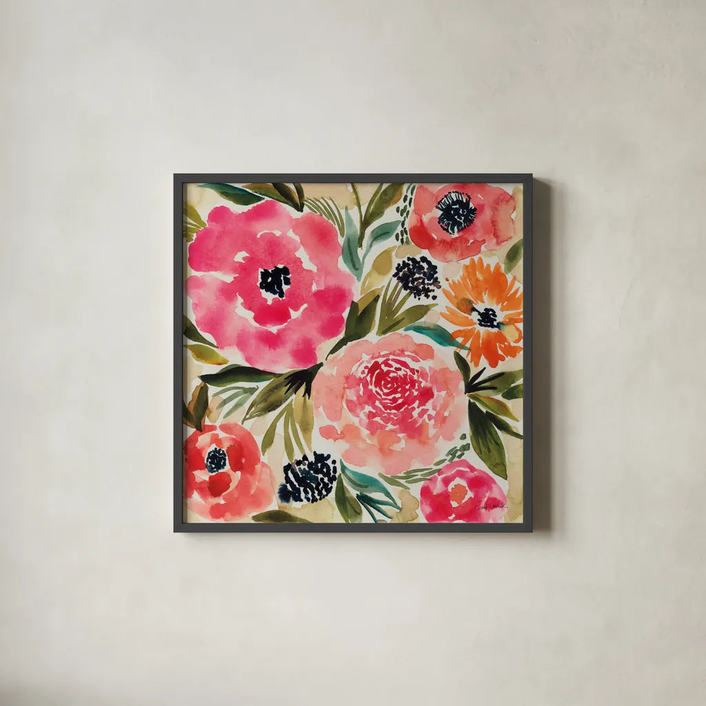 Summer Petals II by Cheryl Warrick. Shown in a sleek black glass frame for a contemporary gallery look. Available as an archival giclee rolled canvas, fine art paper, or poster print. SKU 78389a.