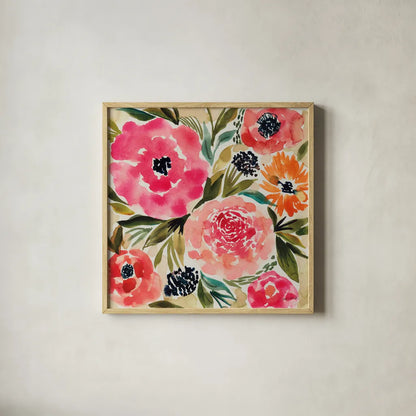 Summer Petals II by Cheryl Warrick. Shown in a natural wood glass frame for a timeless modern aesthetic. Available as an archival giclee rolled canvas, fine art paper, or poster print. SKU 78389a.