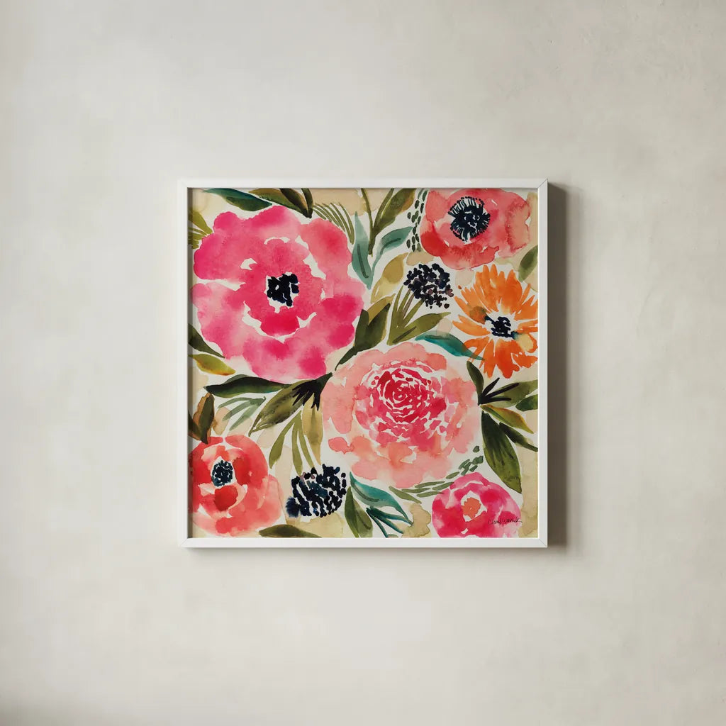 Summer Petals II by Cheryl Warrick. Shown in a crisp white glass frame for a clean and minimalist style. Available as an archival giclee rolled canvas, fine art paper, or poster print. SKU 78389a.