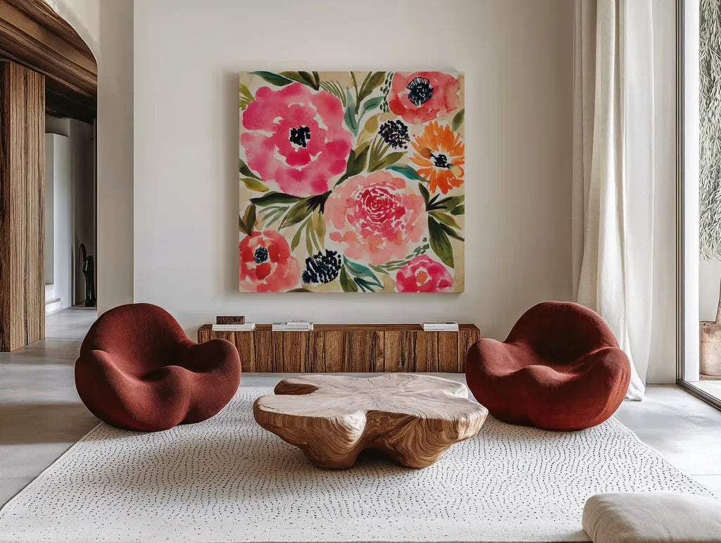 Summer Petals II by Cheryl Warrick. Shown as extra-large giant wall art in a modern living room. Available as an archival giclee rolled canvas, fine art paper, or poster print. SKU 78389a.