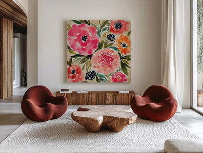 Summer Petals II by Cheryl Warrick. Shown as extra-large giant wall art in a modern living room. Available as an archival giclee rolled canvas, fine art paper, or poster print. SKU 78389a.