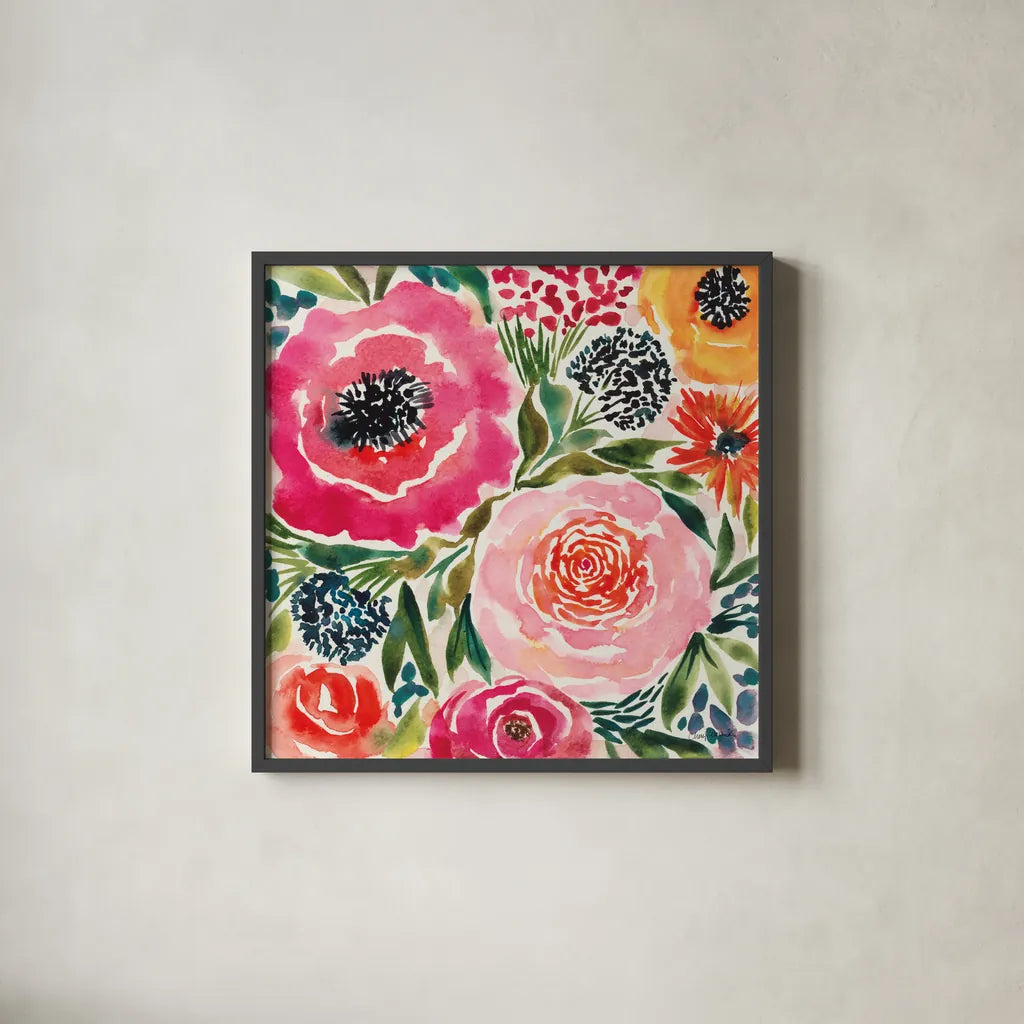 Summer Petals III by Cheryl Warrick. Shown in a sleek black glass frame for a contemporary gallery look. Available as an archival giclee rolled canvas, fine art paper, or poster print. SKU 78390a.
