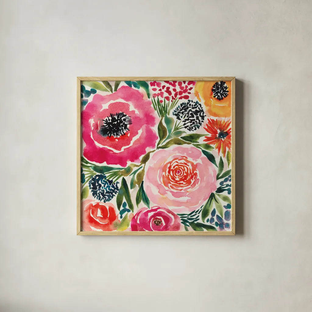 Summer Petals III by Cheryl Warrick. Shown in a natural wood glass frame for a timeless modern aesthetic. Available as an archival giclee rolled canvas, fine art paper, or poster print. SKU 78390a.