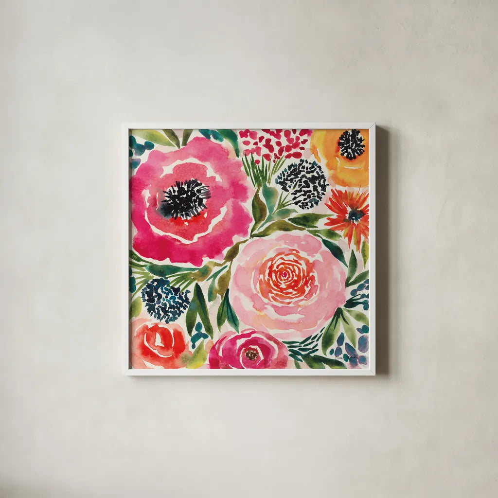 Summer Petals III by Cheryl Warrick. Shown in a crisp white glass frame for a clean and minimalist style. Available as an archival giclee rolled canvas, fine art paper, or poster print. SKU 78390a.