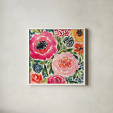 Summer Petals III by Cheryl Warrick. Shown in a crisp white glass frame for a clean and minimalist style. Available as an archival giclee rolled canvas, fine art paper, or poster print. SKU 78390a.