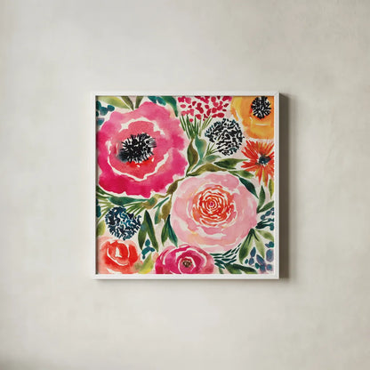 Summer Petals III by Cheryl Warrick. Shown in a crisp white glass frame for a clean and minimalist style. Available as an archival giclee rolled canvas, fine art paper, or poster print. SKU 78390a.