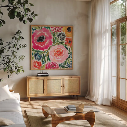 Summer Petals III by Cheryl Warrick. Shown in a natural wood frame in a cozy modern living room. Available as an archival giclee rolled canvas, fine art paper, or poster print. SKU 78390a.