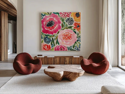 Summer Petals III by Cheryl Warrick. Shown as extra-large giant wall art in a modern living room. Available as an archival giclee rolled canvas, fine art paper, or poster print. SKU 78390a.