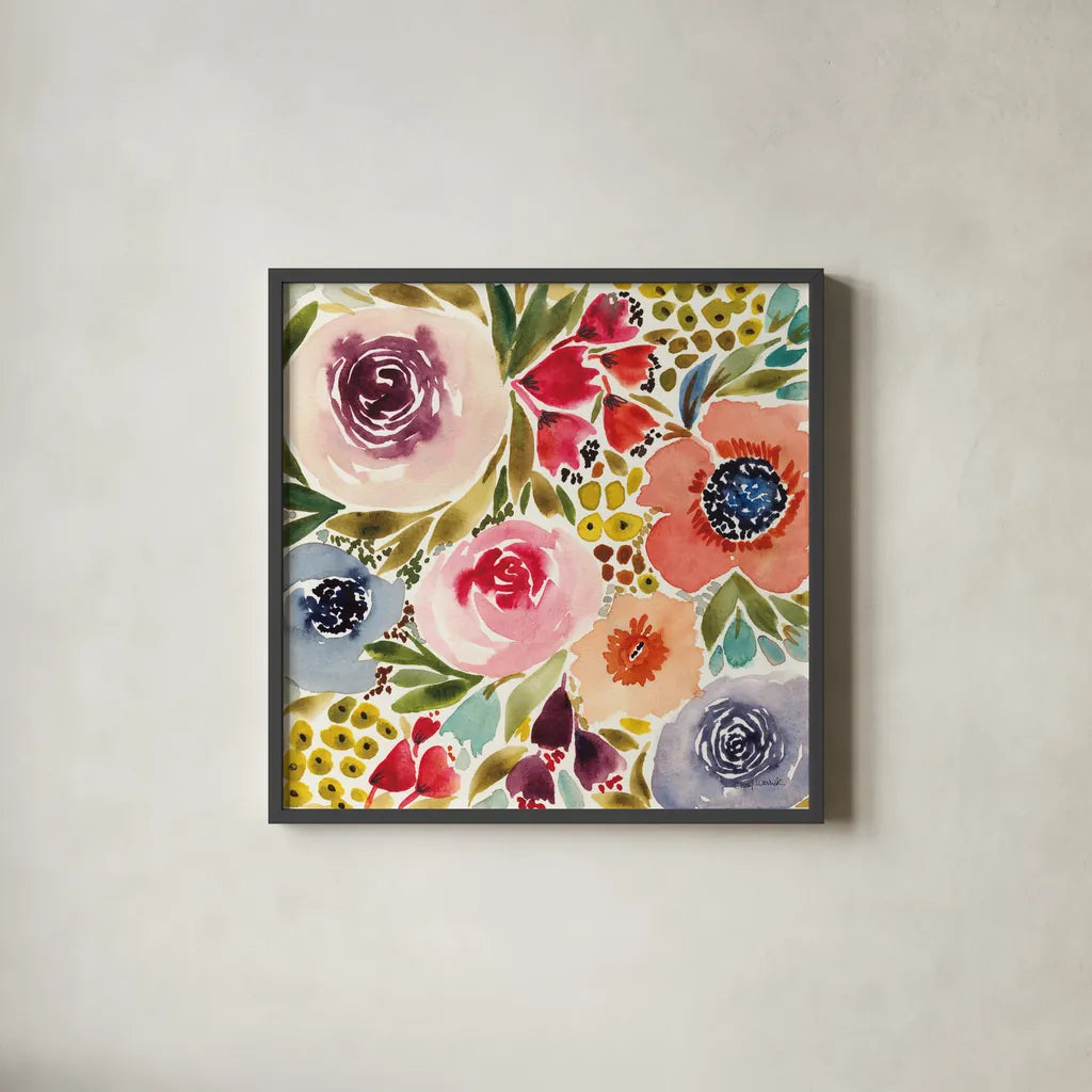 Summer Petals IV by Cheryl Warrick. Shown in a sleek black glass frame for a contemporary gallery look. Available as an archival giclee rolled canvas, fine art paper, or poster print. SKU 78391a.