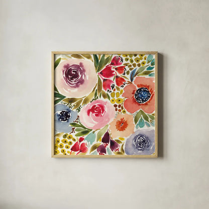 Summer Petals IV by Cheryl Warrick. Shown in a natural wood glass frame for a timeless modern aesthetic. Available as an archival giclee rolled canvas, fine art paper, or poster print. SKU 78391a.