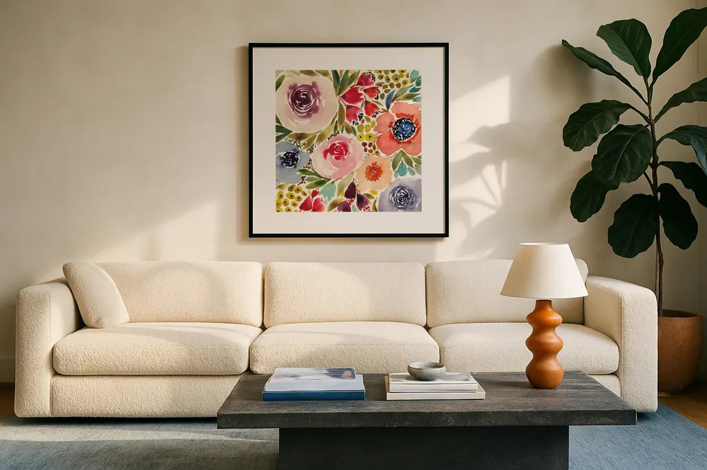 Summer Petals IV by Cheryl Warrick. Displayed in a glass frame with matte in a clean modern living room. Available as an archival giclee rolled canvas, fine art paper, or poster print. SKU 78391a.