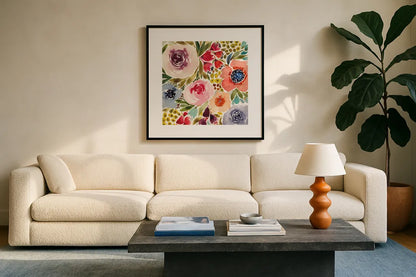 Summer Petals IV by Cheryl Warrick. Displayed in a glass frame with matte in a clean modern living room. Available as an archival giclee rolled canvas, fine art paper, or poster print. SKU 78391a.