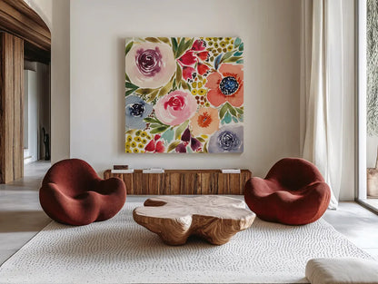 Summer Petals IV by Cheryl Warrick. Shown as extra-large giant wall art in a modern living room. Available as an archival giclee rolled canvas, fine art paper, or poster print. SKU 78391a.
