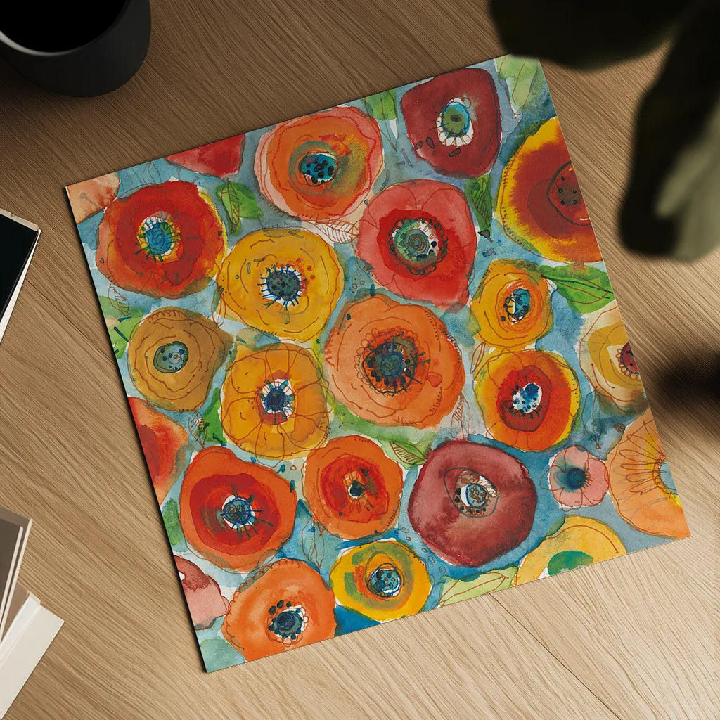 Sun Poppies II by Cheryl Warrick. Shown as a detailed flat fine art print, highlighting archival giclee quality. Available as an archival giclee rolled canvas, fine art paper, or poster print. SKU 42819a.