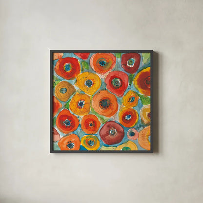 Sun Poppies II by Cheryl Warrick. Shown in a sleek black glass frame for a contemporary gallery look. Available as an archival giclee rolled canvas, fine art paper, or poster print. SKU 42819a.