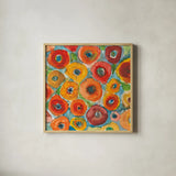Sun Poppies II by Cheryl Warrick. Shown in a natural wood glass frame for a timeless modern aesthetic. Available as an archival giclee rolled canvas, fine art paper, or poster print. SKU 42819a.